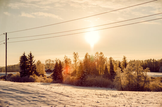 Scenic view of a winter sunset in the countryside