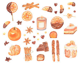 Winter cozy illustration. Winter pastry and confectionery. Orange and chocolate. Watercolor elements with cinnamon, aroma candle, chocolate, orange, mandarin, cake, cream, candy, sweets and spices