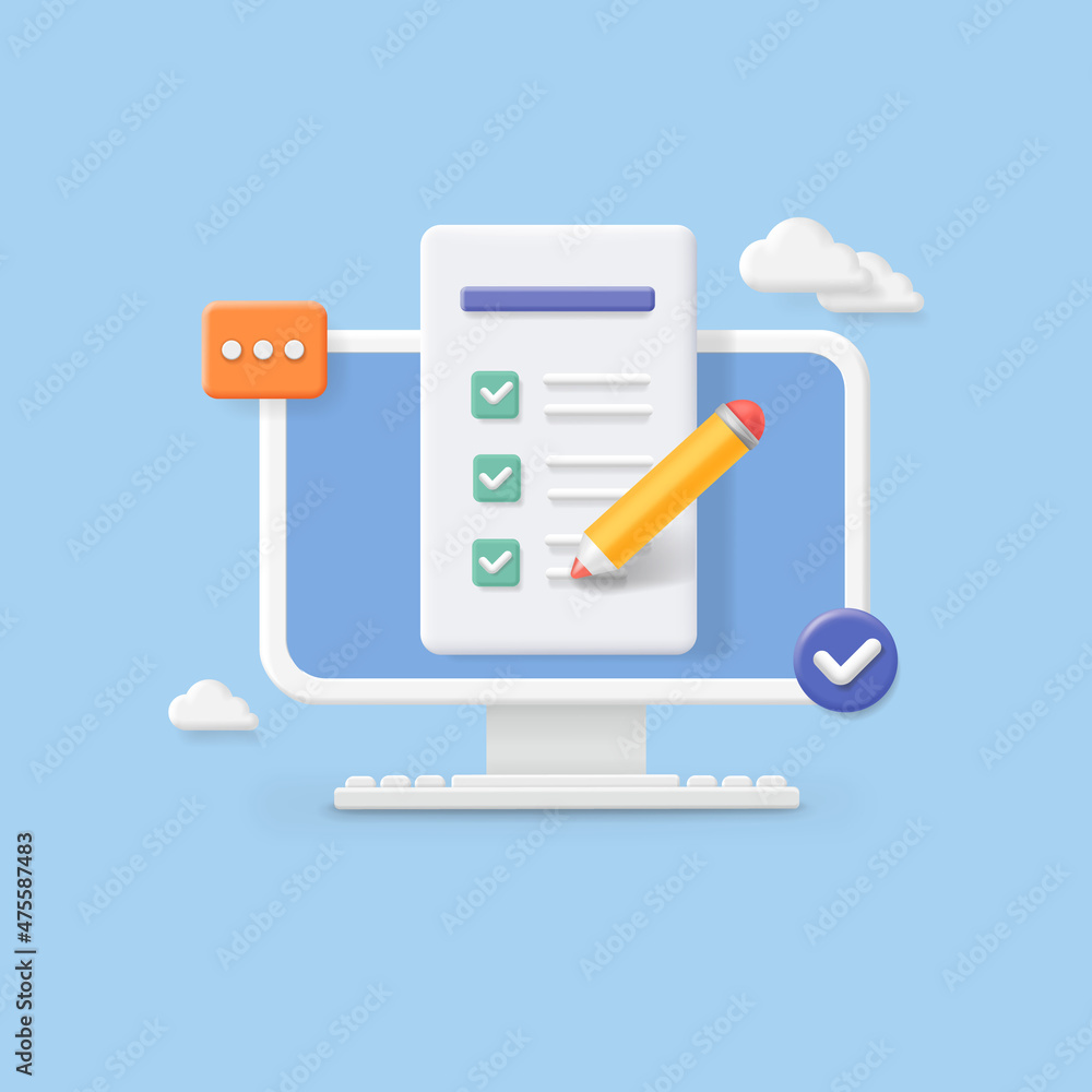 Fototapete computer and checklist, pc monitor with paper document and to do list with checkboxes, questionnaire