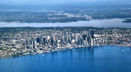Aerial View of Downtown Seattle looking East.