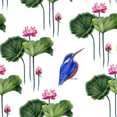 Seamless pattern of pink lotus and blue bird. Hand-drawn with colored pencils and watercolors. Can be used for your design.