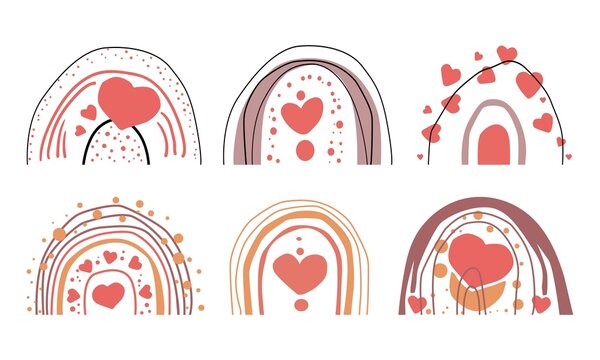 Set of different boho rainbows with hearts. Abstract minimalism. Wall decor. Design elements for book cover, page template, print, card, brochure, magazine, poster. Vector