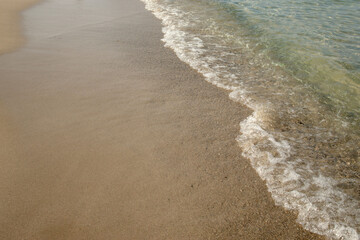 Great waves breaking on the shore of sea. Clear water. Seascape.