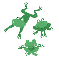 Three green smiling baby frogs. Cartoon style. Fly Hunting.