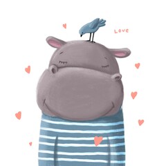 cute hippo portrait with bird and heart, watercolor style illustration, kawaii clipart with cartoon character