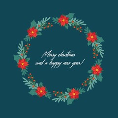 Christmas wreath, ornate floral frame and copy space. Festive postcard. Universal art templates.