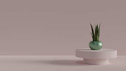 Snake plant in a shiny green pot on a table. Powder pink room and background with copy space. 