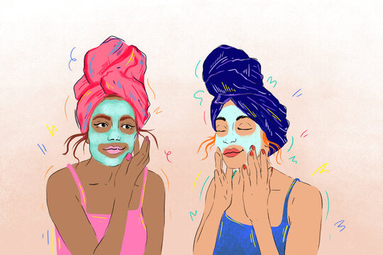 two girls with face mask and towel