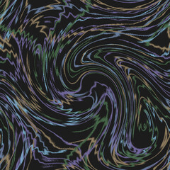 Seamless pattern of swirls of lines, dark color palette, waves, purple shades, abstract pattern.