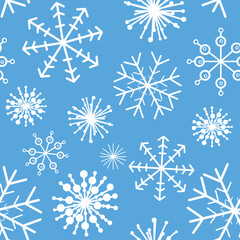 Fototapeta na wymiar Illustration of a Christmas and New Year seamless pattern of snowflakes on a light blue background. Sample and layout for printing, gift wrapping, for goods, place for text, design of postcards, fabr