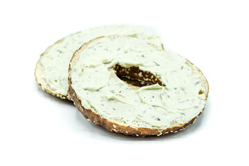 Bagel with cream cheese isolated on white background