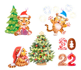 Watercolor. Cute Tigers in christmas hats sitting by the Christmas trees in cartoon style. Characters isolated on white background. Stylized numbers 2022 of the new year. For posters, textile, cards