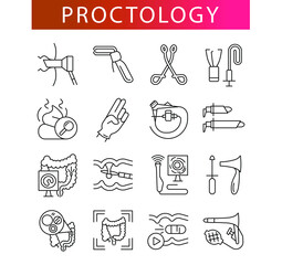 examination by a proctologist, proctologist's tools, line icon