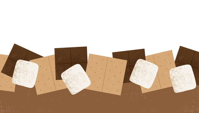 Grahams, chocolate, and marshmallows background with copyspace. Cut paper style with textures
