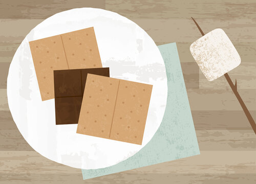 S'mores Ingredients On A Plate, In A Cut Paper Style With Textures
