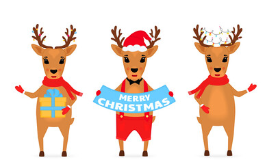 Christmas reindeer in a Santa Claus hat, in a scarf, with a garland, in shorts on suspenders