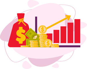 Profit and budget money, a lot of cash and a growing chart with an up arrow, the concept of business success, economic or market growth, investment income. Flat vector illustration.