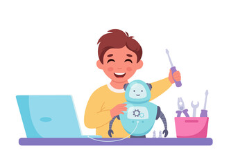 Fototapeta premium Little boy creating a robot. Robotics, programming and engineering for kids. Vector illustration