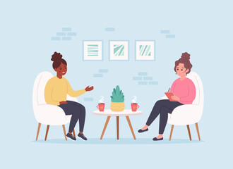 Woman talking with psychologist. Psychology therapy, mental health, depression. Vector illustration