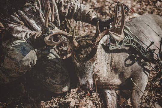 Teen boy holding dead 8 point buck head up in Wisconsin woods