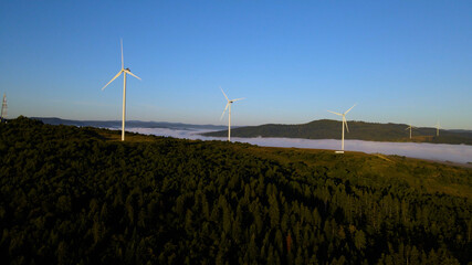 Wind turbines on the mountain. Aerial photography