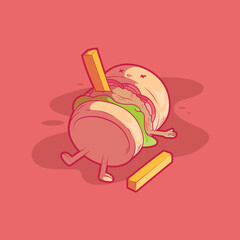 Burger killed with a french fry vector illustration. Funny, food, brand design concept.