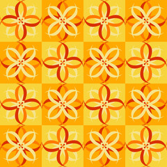 Vector graphics are a seamless geometric pattern of trending yellow flowers with floral motifs. Concept - ornamental tile or wallpaper