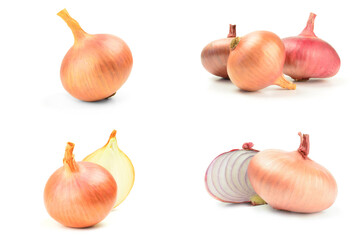 Collage of Fresh onion bulbs isolated on a white background cutout