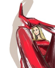 fashion illustration of a girl in red