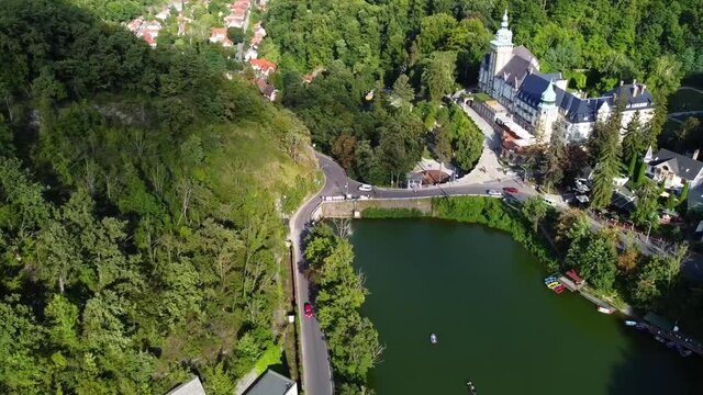 View of the Hunguest Hotel Palota and H&aacute;mori Lake in the village of Lillaf&uuml;red. Drone Video. Hungary. Europe