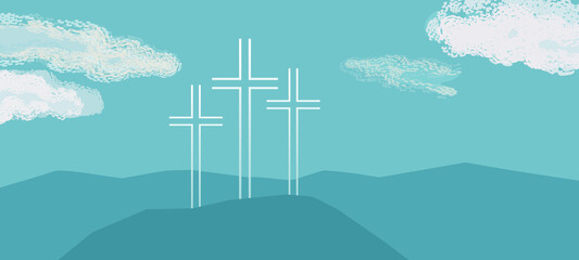 Crosses on faith hill religion holiday vector background. Lenten season Christian symbol. Sacrament biblical church cross. Catholic bible Holy week design element. Religion sign template illustration