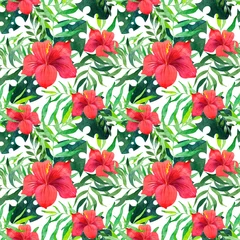 Fotobehang Tropische Bladeren Watercolor tropical flower pattern. Pink flowers on greean leaves  © Hanna
