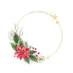 Christmas floral frame with poinsettia,holly berries,leaves..Watercolor illustration isolated on white background.