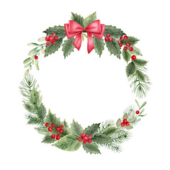 Christmas floral wreath with poinsettia,holly berries,leaves..Watercolor illustration isolated on white background. - 475596679