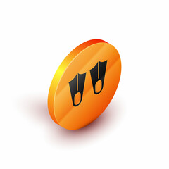 Isometric Rubber flippers for swimming icon isolated on white background. Diving equipment. Extreme sport. Diving underwater equipment. Orange circle button. Vector