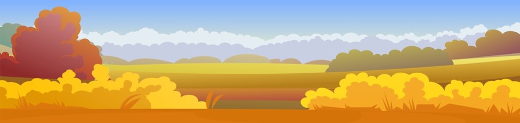 Fototapeta na wymiar Beautiful autumn rural landscape. Rustic wildlife. Village is pasture and vegetable garden. Harvest time of year. Yellow and orange scene. Horizontal illustration. Trees and bushes. Vector