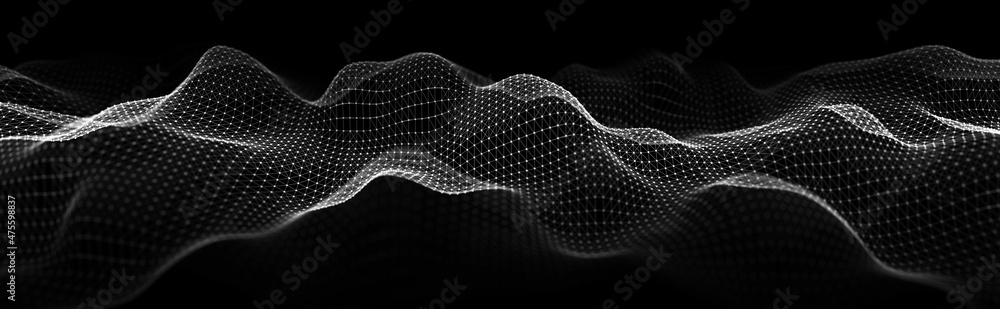 Fototapete White wave. Abstract background of points and lines. Cyber structure. Big data stream. 3d rendering