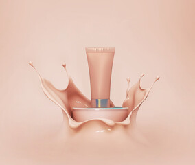 Liquid makeup foundation Bottle with Cosmetic foundation cream splash. 3d rendering.
