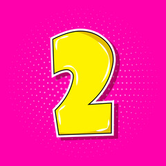 Pop art yellow number 2 over pink dotted background.
