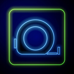 Glowing neon Roulette construction icon isolated on blue background. Tape measure symbol. Vector