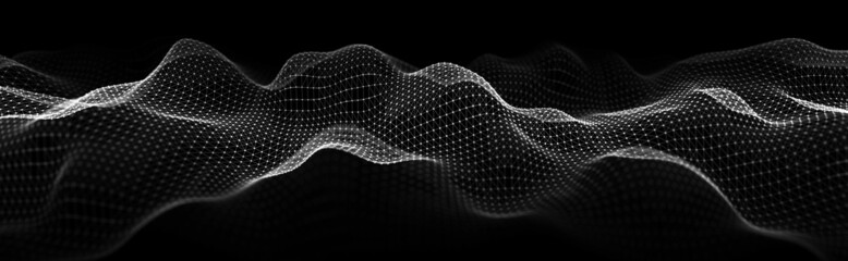 White wave. Abstract background of points and lines. Cyber structure. Big data stream. 3d rendering