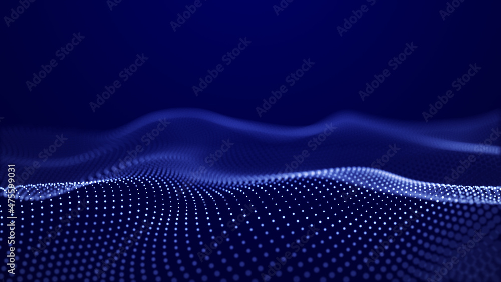 Poster Abstract blue background of points. Falling cyber particles. Big data stream. 3d rendering