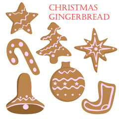 Christmas set of gingerbread, honey cakes decorated with white icing. Gingerbread in the form of hook, ball, bell, Christmas tree, boot, star. New Year greeting card. Vector illustration.
