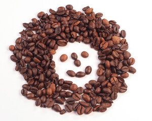 Smileys in coffee beans, a cheerful message from coffee beans.