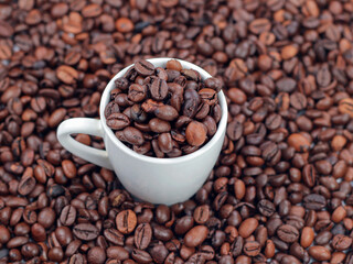 Roasted coffee beans and a white cup.