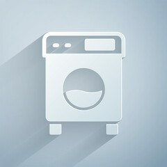 Paper cut Washer icon isolated on grey background. Washing machine icon. Clothes washer - laundry machine. Home appliance symbol. Paper art style. Vector