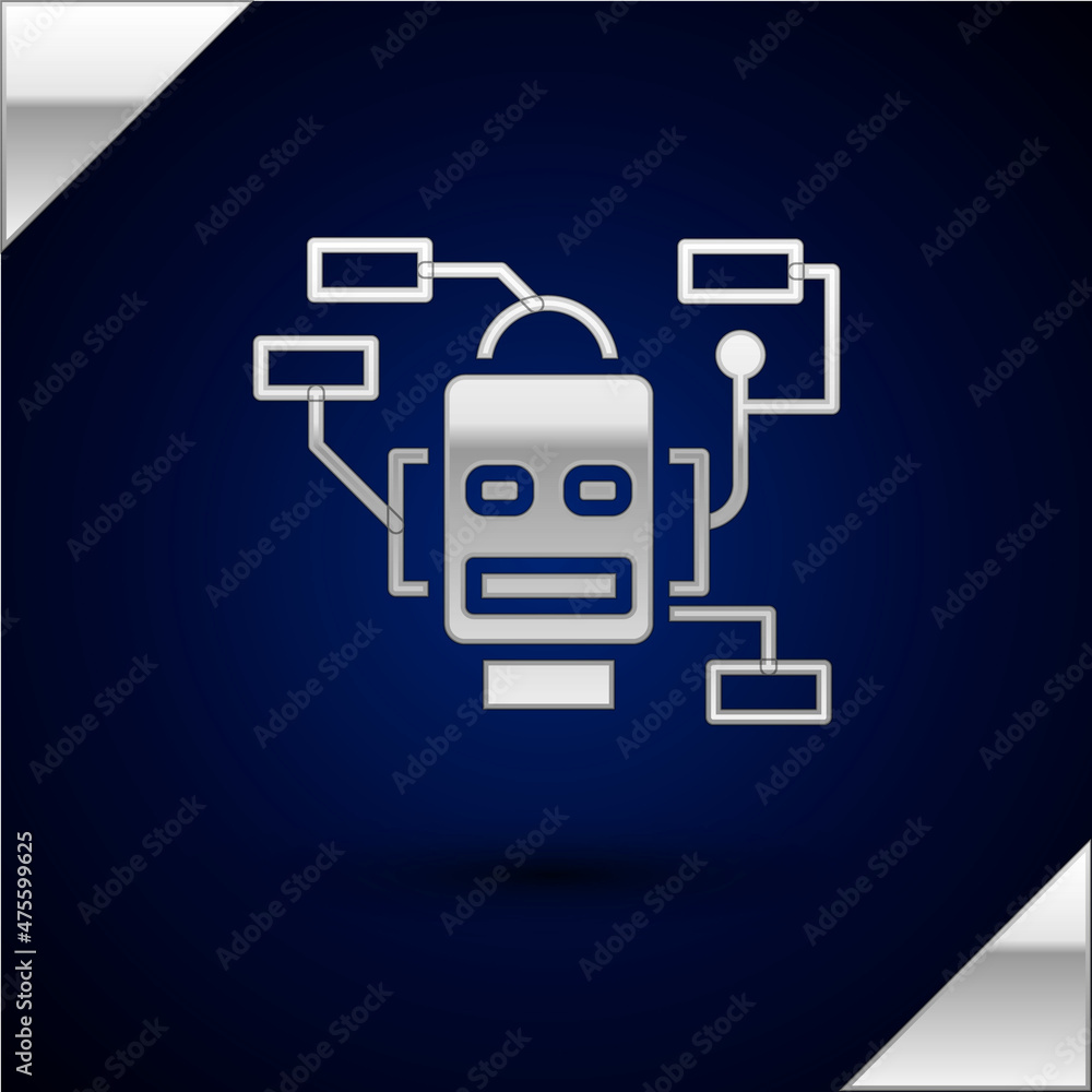 Poster silver robot icon isolated on dark blue background. artificial intelligence, machine learning, cloud
