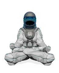 astronaut is doing a lotus yoga pose on white background