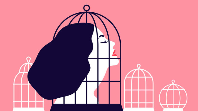 Beautiful woman locked in giant cage. Abuse concept. Female head silhouette in abstract prison. Abusive relationships, problem with mental health, unbalance. Modern vector Illustration.