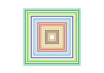 Grafika przedstawiająca kwadraty o zmniejszających się wymiarach, nie posiadających wypełnienia, krawędzie mają różne kolory.